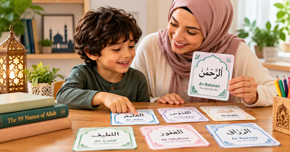 Parent and child learning the 99 Names of Allah for kids with Arabic name cards