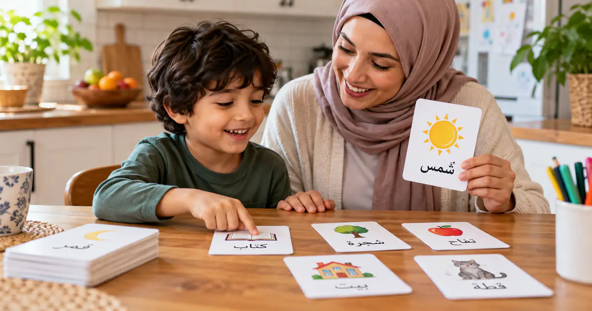 Parent and child practising Arabic learning habits for kids with word cards at the kitchen table