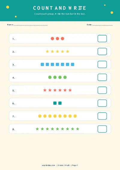 Free Grade 1 count and write worksheet preview