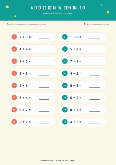 Free Grade 1 addition within 10 worksheet preview