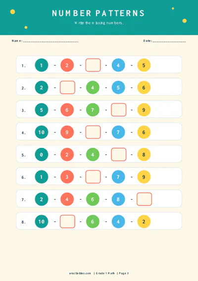 Free Grade 1 missing number patterns worksheet preview