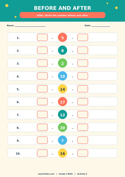 Free Grade 1 before and after numbers worksheet preview