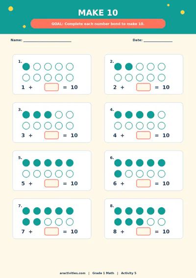 Free Grade 1 number bonds to 10 worksheet preview