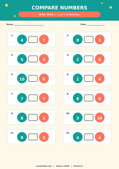 Free Grade 1 comparing numbers worksheet preview