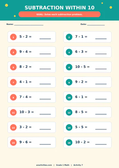 Free Grade 1 subtraction within 10 worksheet preview