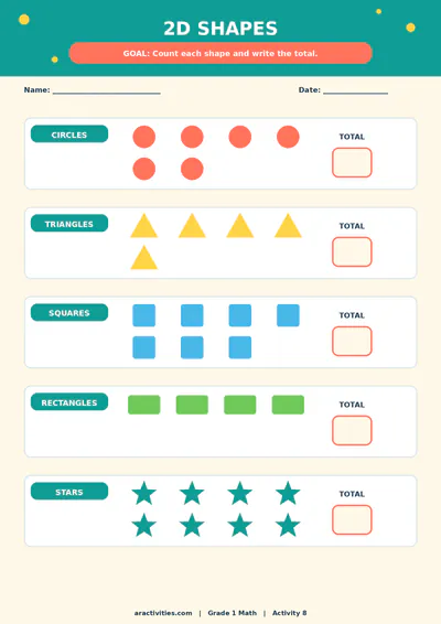 Free Grade 1 count 2D shapes worksheet preview