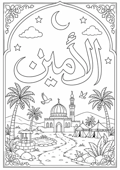 Al-Amin Arabic calligraphy free Mawlid coloring page preview