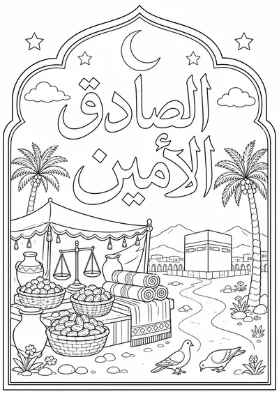 As-Sadiq Al-Amin Arabic calligraphy free Mawlid coloring page preview