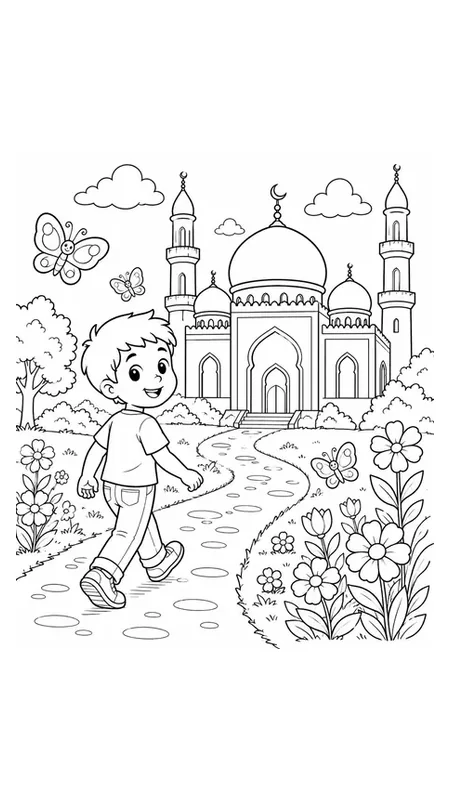 Preview of free child going to the mosque coloring page