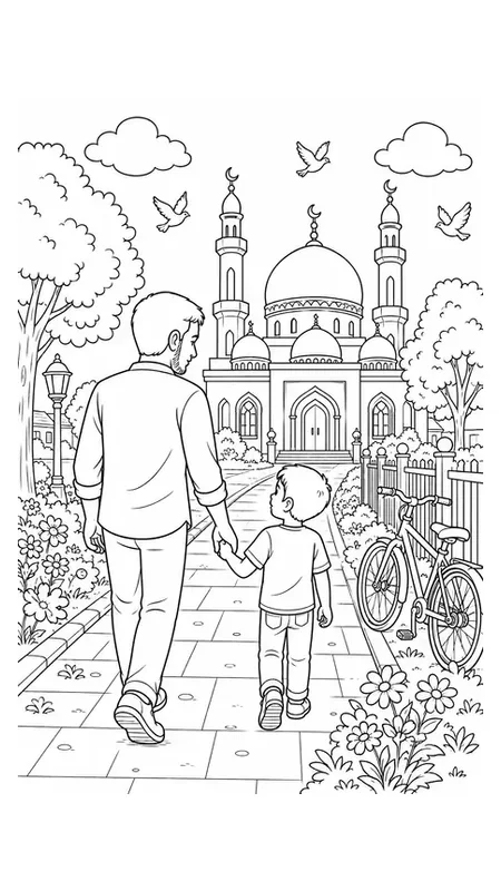 Preview of free dad going to the mosque Islamic coloring page