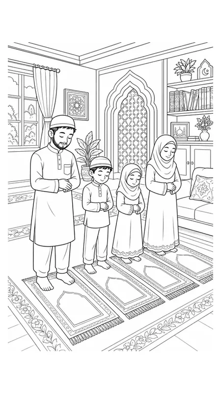 Preview of free Muslim family praying together coloring page