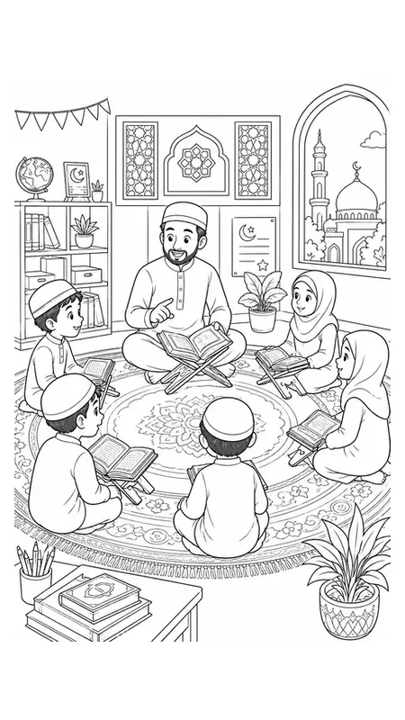 Preview of free family reading the Quran coloring page