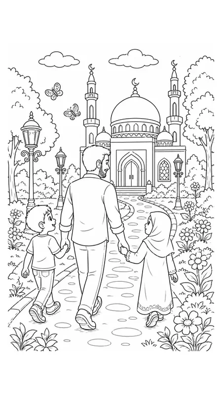 Preview of free father and daughter at the mosque coloring page