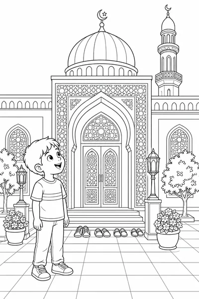 Boy admiring a mosque free Islamic good manners coloring page