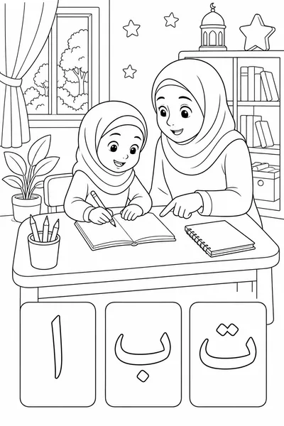 Mother gently helping a child learn Arabic letters coloring page