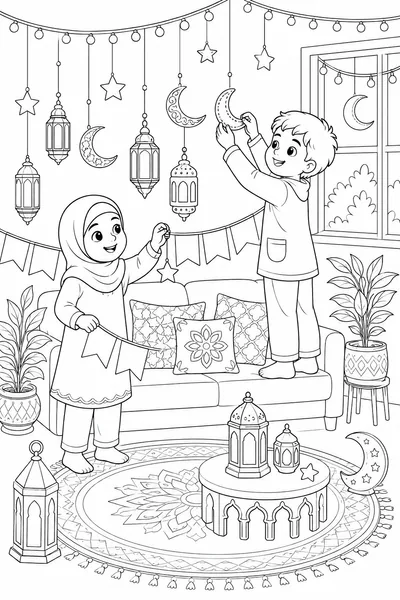 Children cooperating to decorate for Ramadan coloring page