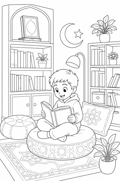 Child reading in a cozy Islamic storytime corner coloring page