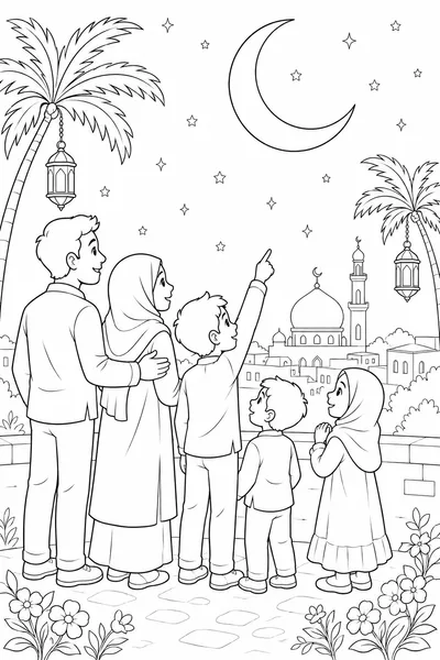 Muslim family watching the Ramadan crescent coloring page