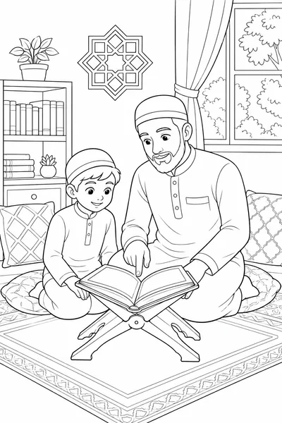 Father and son learning the Quran together coloring page