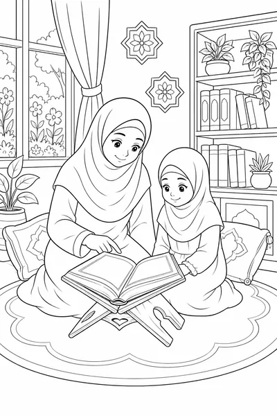 Mother and daughter learning the Quran together coloring page
