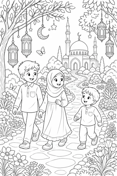 Children walking together through a garden toward the mosque coloring page