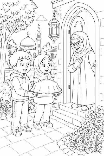 Children bringing food to an older neighbour during Ramadan coloring page