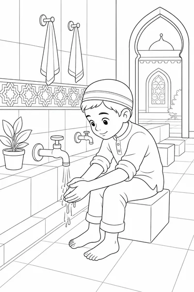 Child washing hands during wudu at the mosque coloring page